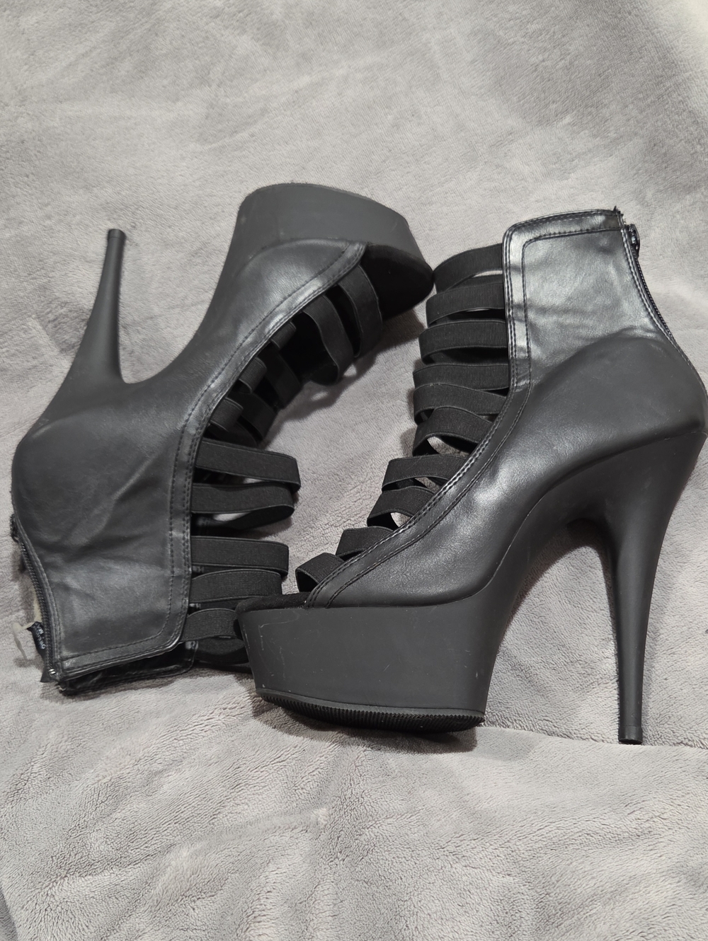 Pleaser Black Strappy Platform Stiletto Ankle Boots